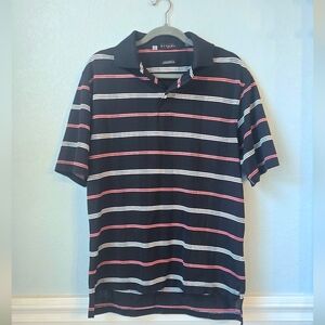 Divots Men's Striped Polo Shirt - Black with White and Pink Accents
